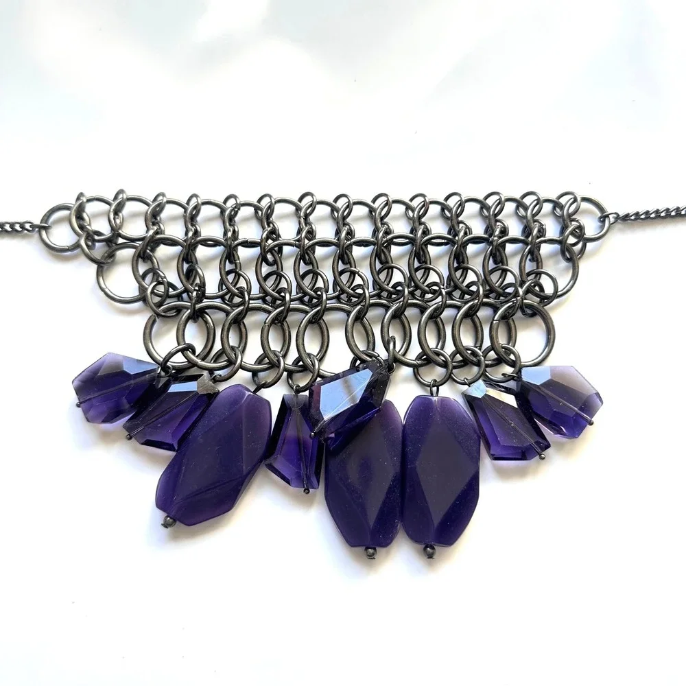 Chicos Gunmetal Chain Necklace Purple Faceted Gem‎ Dangle Statement